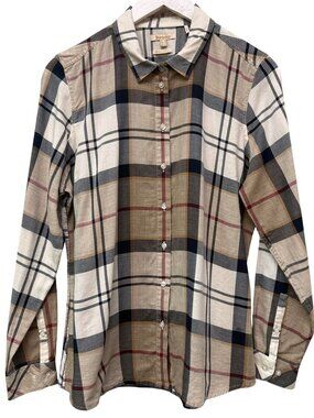 Barbour Bredon Plaid Shirt Small Sz 8 Navy Tan Buttonup Womens Preppy Equestrian